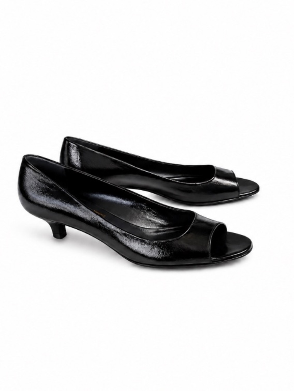 Salvatore Ferragamo Black Glazed Leather Peep Toe Kitten Heels Size 9 Narrow EUC